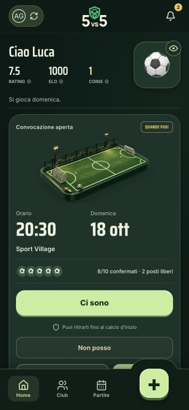 Home reale di 5vs5: Luca, convocazione del club, campo, orario e pulsanti per confermare la presenza